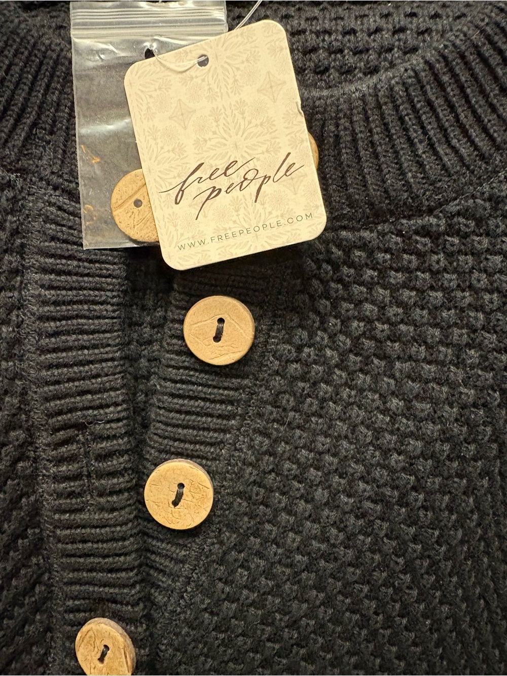Free People Black Textured Knit Cardigan with Wood Buttons